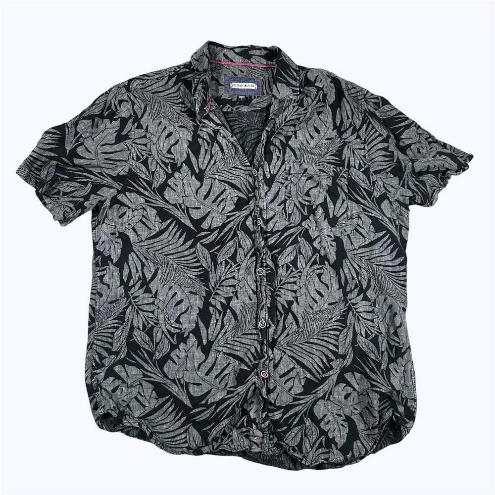 32 Bar Blues Shirt Mens Large Black Gray Floral Linen Tropical Aloha Tiki Hawaii